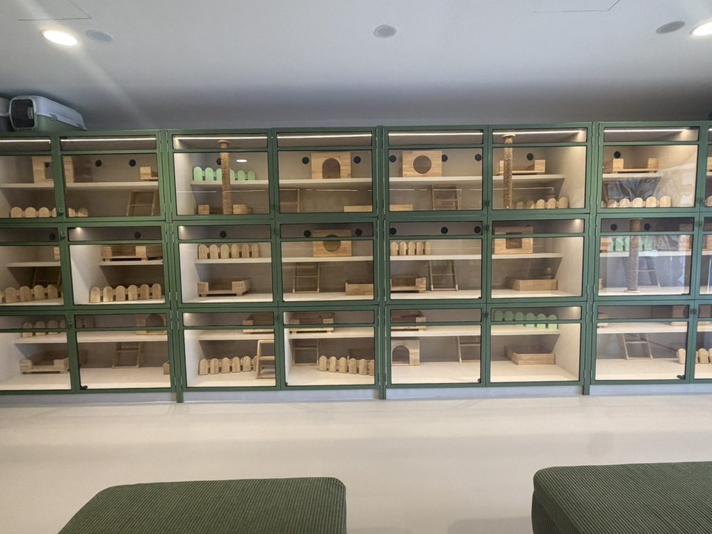 A wall of green-framed glass cages, each with its own shelves, climbing post and den