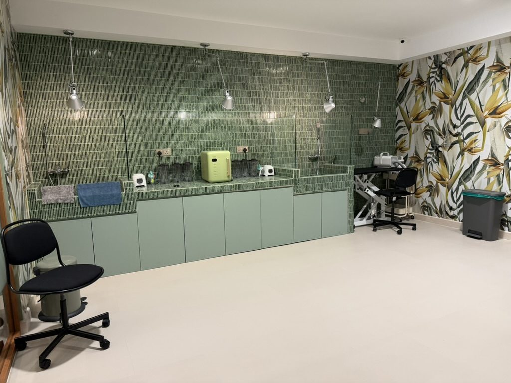 The grooming room, with bath stations along a green tiled wall
